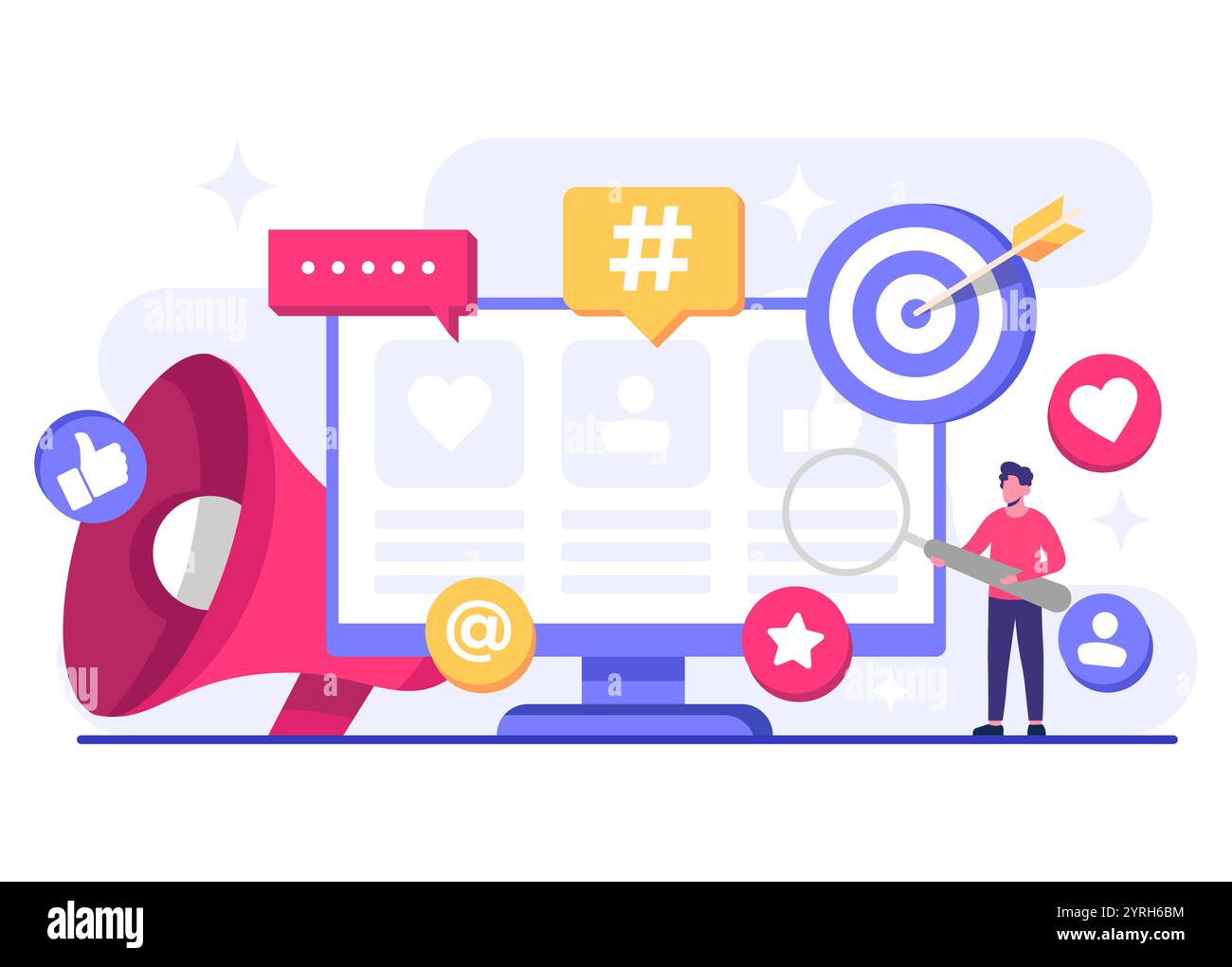 Illustration vectorielle plate de concept de marketing de médias sociaux pour la page de destination, bannière Web, application mobile, bannière, stratégie de contenu d'entreprise, web desig Illustration de Vecteur