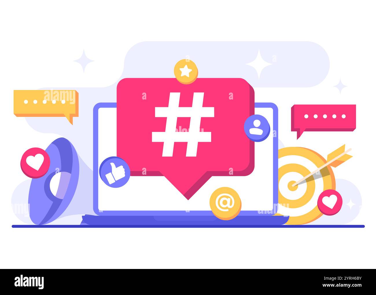 Illustration vectorielle plate de concept de marketing de médias sociaux pour bannière web, application mobile, affiche, stratégie de contenu d'entreprise, marketing de hashtag, numérique AD c Illustration de Vecteur