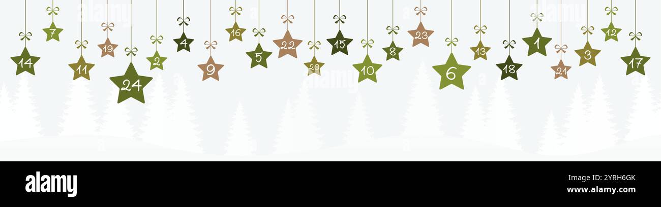 étoiles de noël suspendues colorées en vert avec les numéros 1 à 24 montrant le calendrier de l'avent pour les concepts de noël et d'hiver, fond de nature avec des sapins Illustration de Vecteur