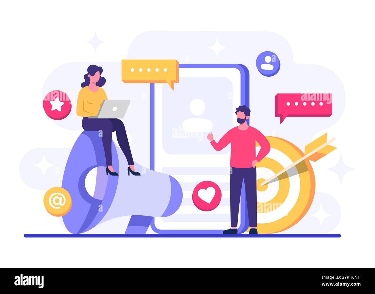 Illustration vectorielle plate de concept de marketing de médias sociaux pour la page de destination, bannière Web, application mobile, bannière, stratégie de contenu d'entreprise, web desig Illustration de Vecteur