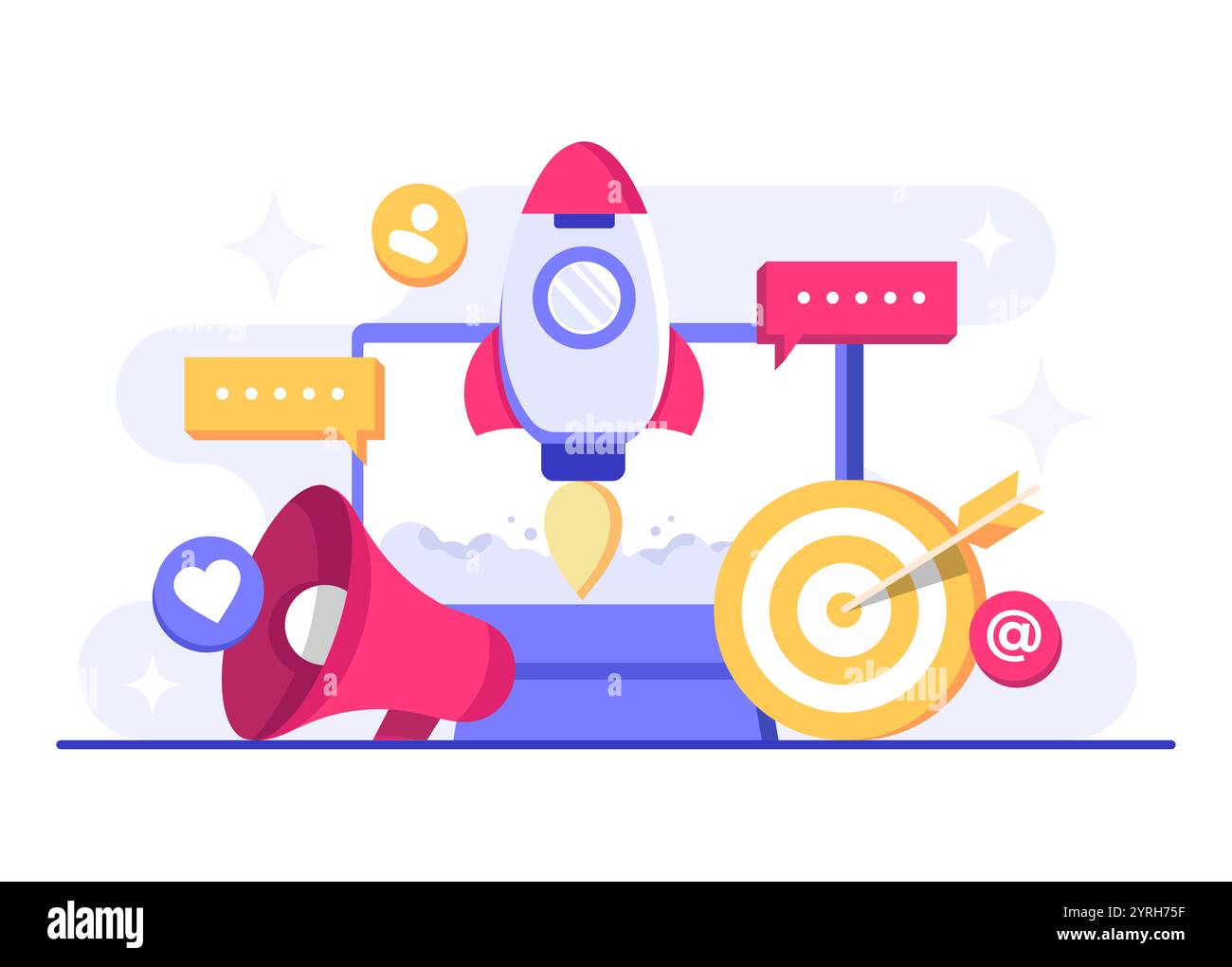 Illustration vectorielle plate de concept de marketing de médias sociaux pour la page de destination, bannière Web, application mobile, bannière, stratégie de contenu d'entreprise, web desig Illustration de Vecteur