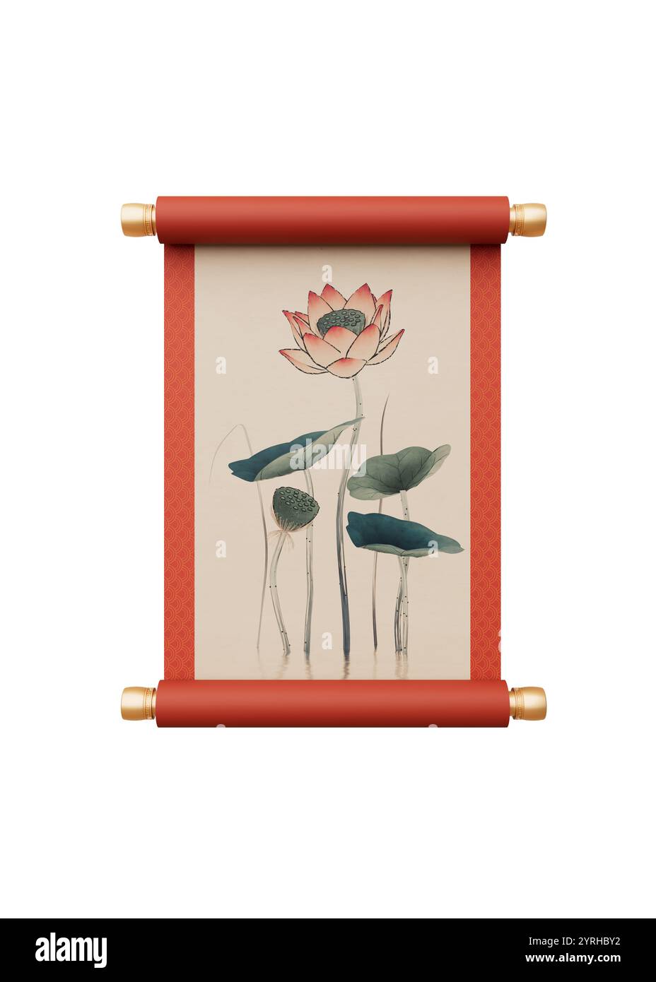 Bannière de bobine rouge antique chinoise, rendu 3D. Illustration 3D. Banque D'Images