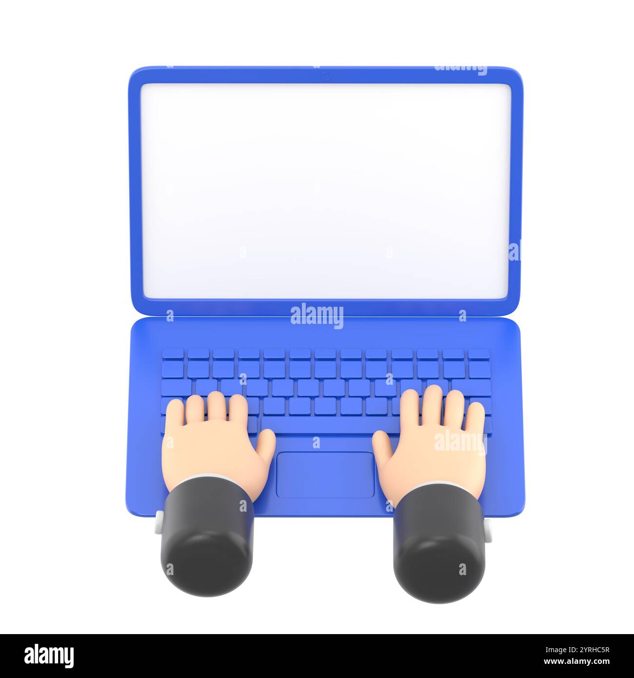 Maquette d'icône de geste de dessin animé. Mains dans le travail au clavier d'ordinateur portable avec écran de moniteur vierge à la table. Lieu de travail à domicile.illustration 3d.rendu 3D sur wh Banque D'Images