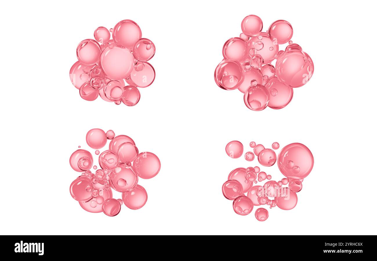 Bulles liquides roses transparentes, rendu 3D. Illustration 3D. Banque D'Images