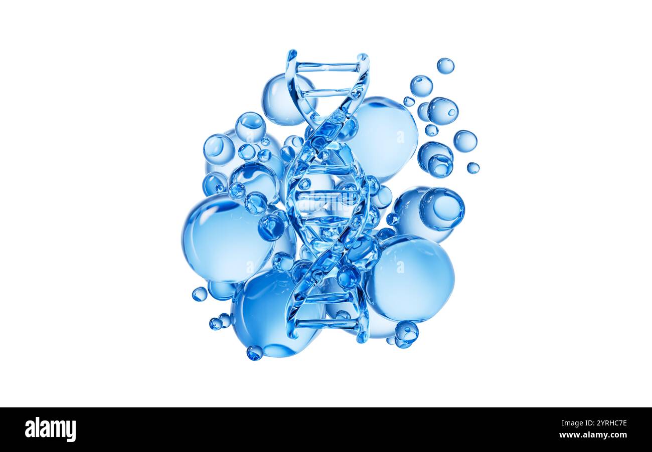 ADN transparent et bulles d'eau, rendu 3D. Illustration 3D. Banque D'Images