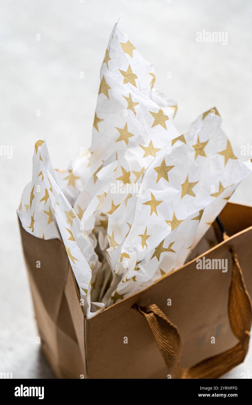 Un sac cadeau brun rempli de papier de soie blanc orné d'étoiles d'or, parfait pour les célébrations comme les anniversaires, les mariages et les vacances élégant et f Banque D'Images