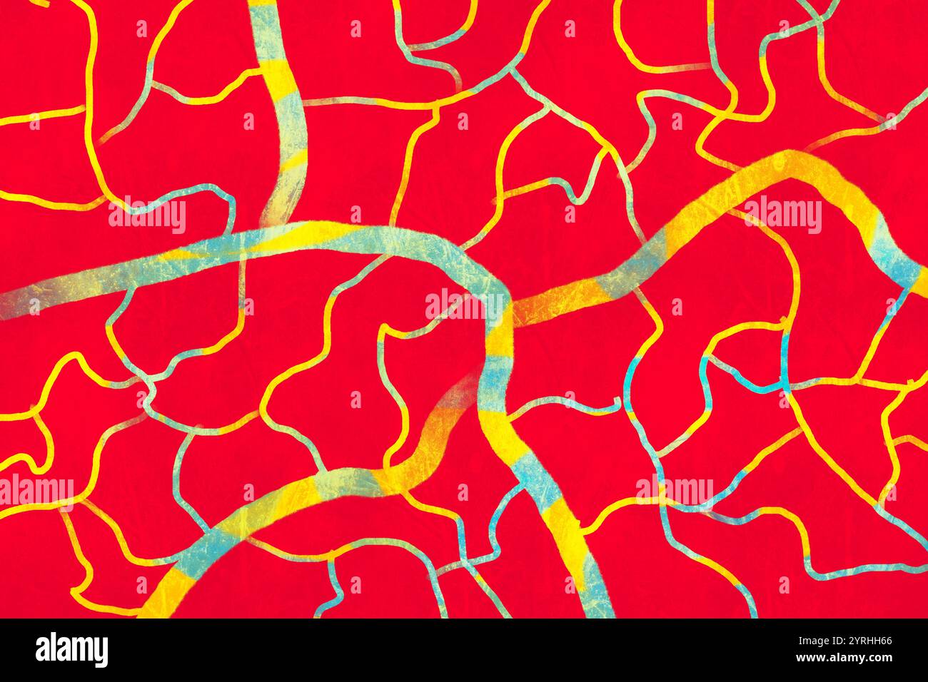 Une illustration abstraite vivante avec des lignes jaunes et bleues entrelacées sur un fond rouge audacieux, ce motif dynamique évoque le mouvement et la créativité Banque D'Images