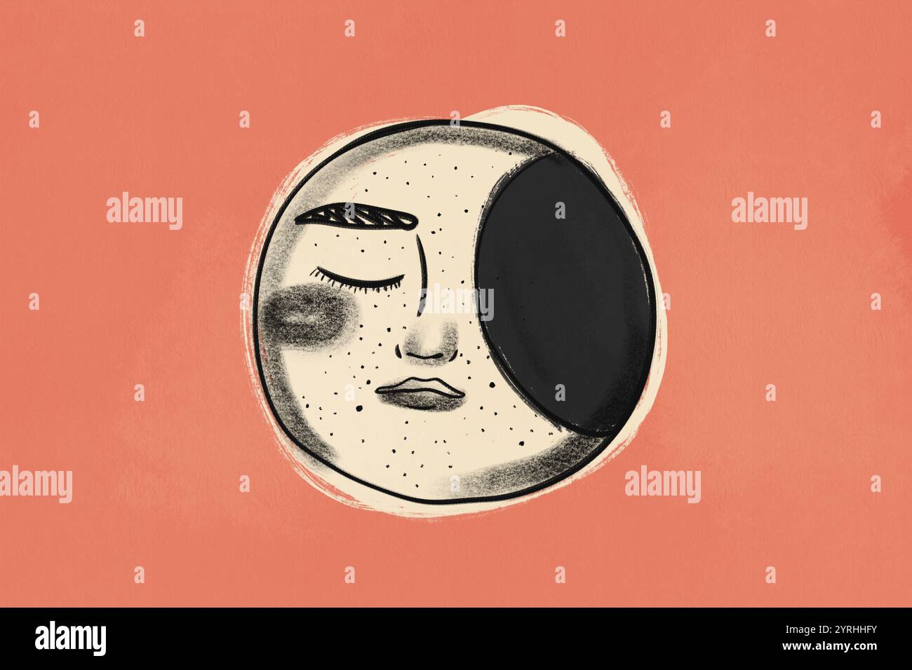 Une illustration fantaisiste d'un visage céleste aux yeux fermés, rendu dans des tons noirs et beiges sur un fond corallien chaud et texturé évoque un se Banque D'Images