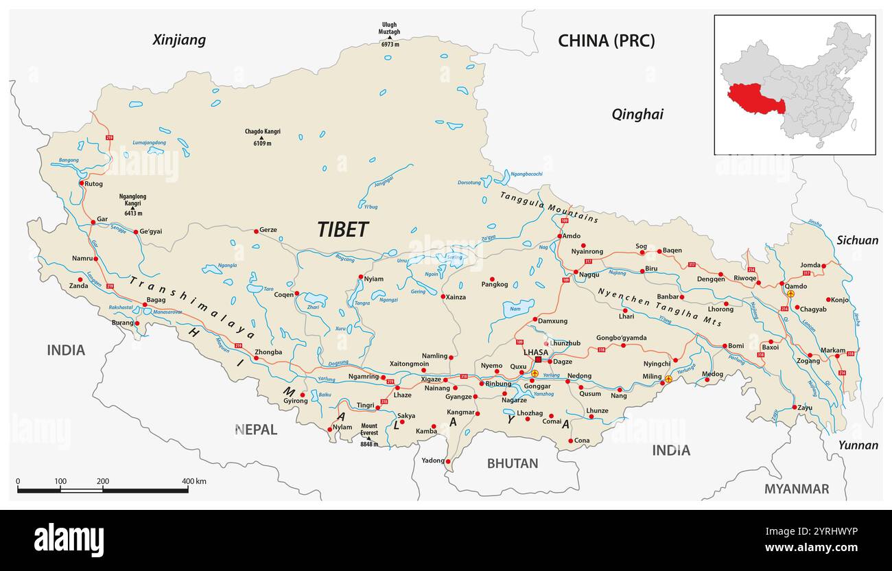 Carte détaillée de la région autonome du Tibet, Chine Banque D'Images