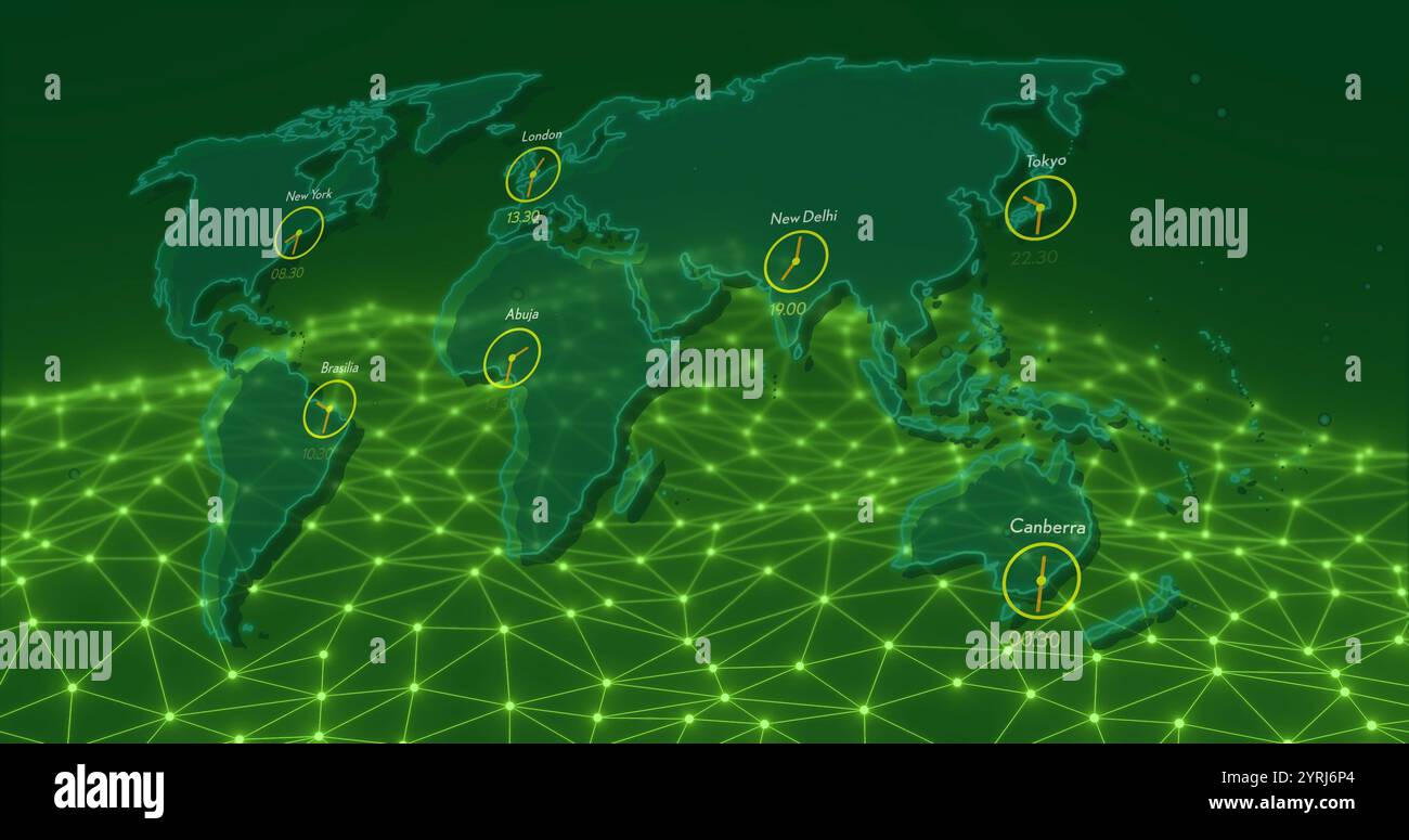 Image de, carte du monde avec fuseaux horaires et connexions réseau sur grille verte Banque D'Images