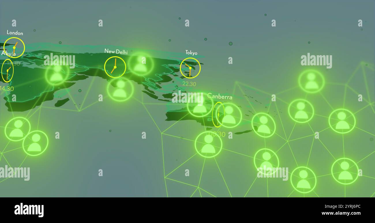 Image d'une carte du monde avec des icônes vertes brillantes et des fuseaux horaires, représentant le réseau de communication mondial Banque D'Images