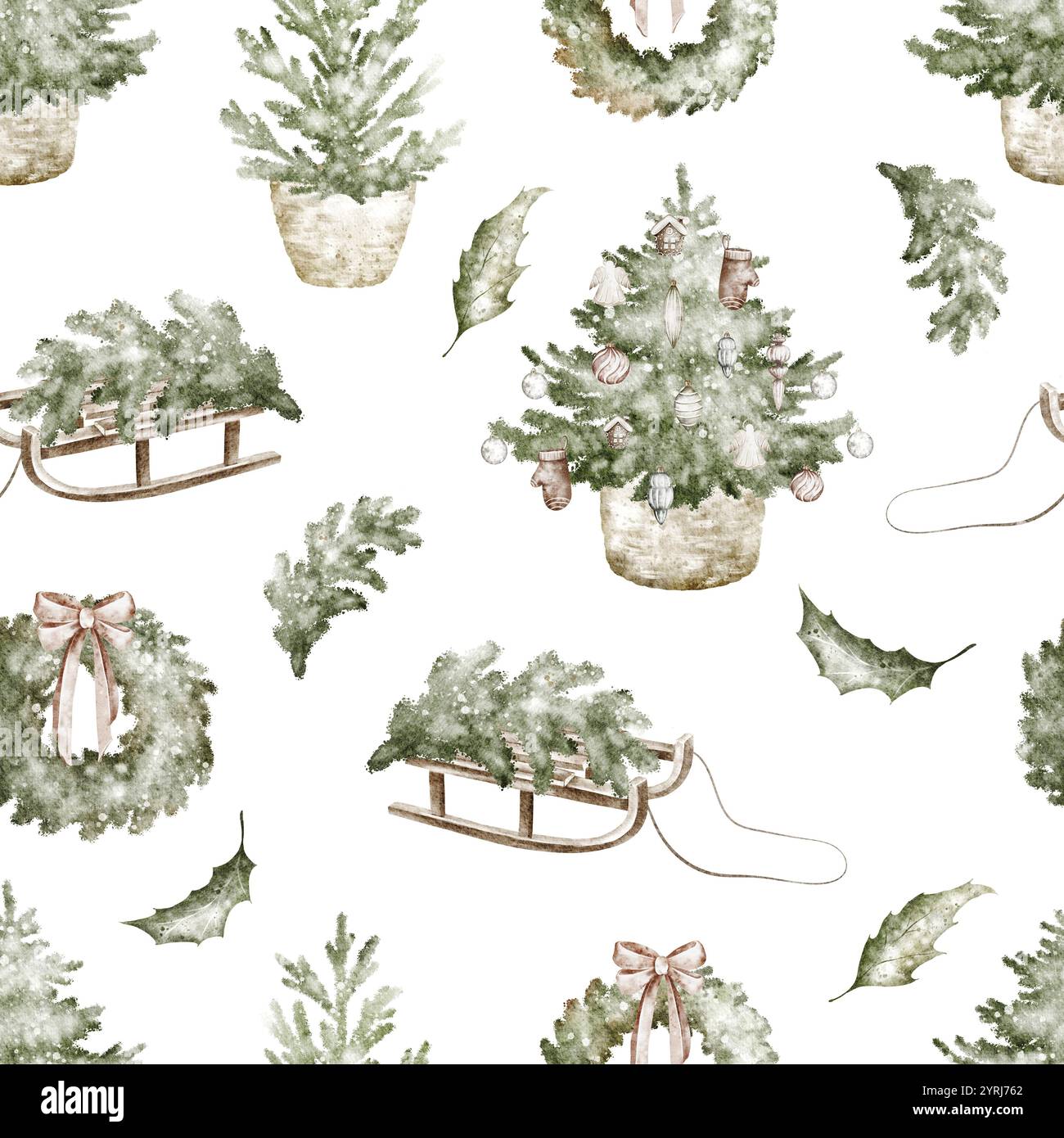 Motif aquarelle sans couture des arbres de Noël Banque D'Images