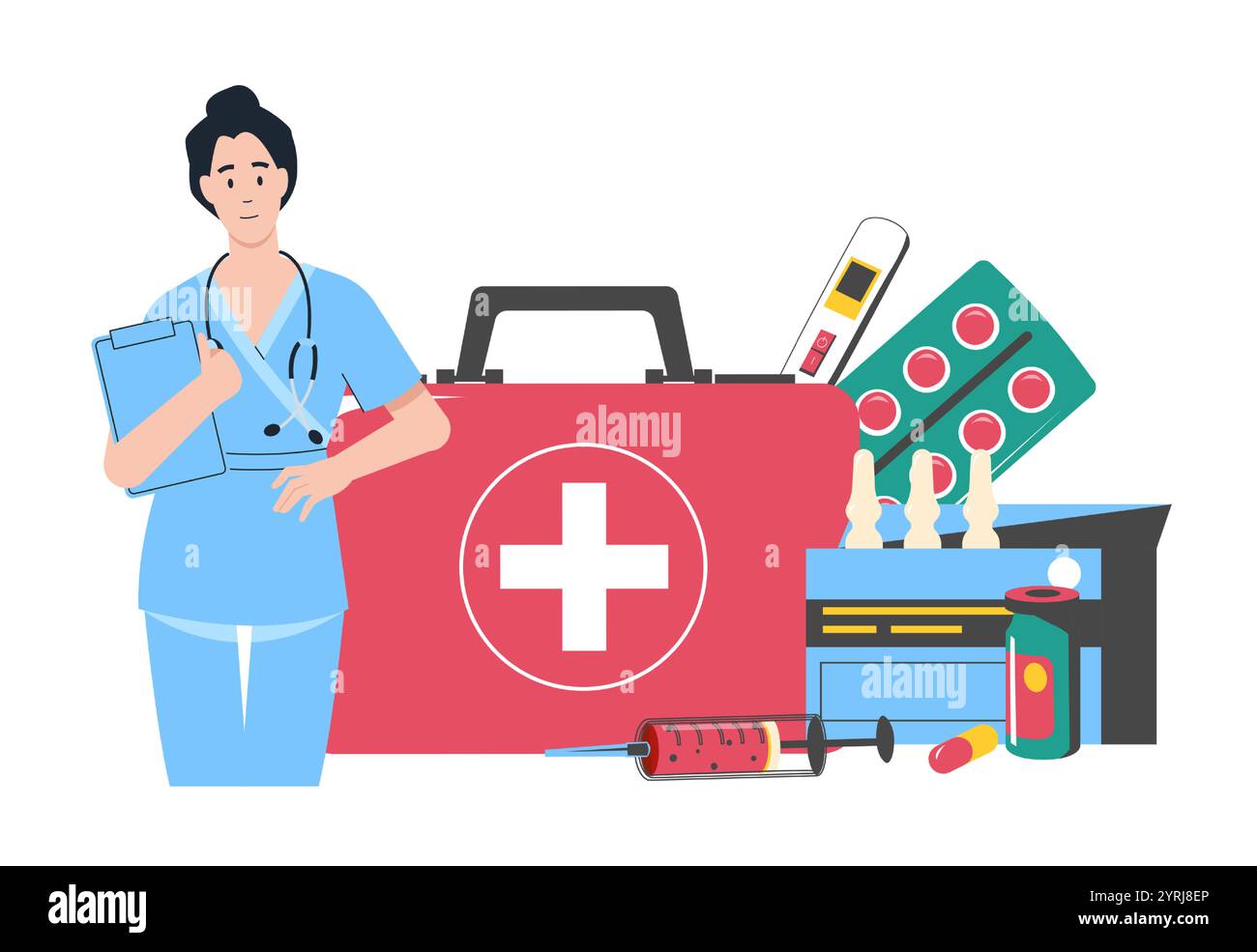 L'infirmière tient la planchette à pince près de la trousse de premiers soins, de la seringue et du thermomètre, des pilules et des suppositoires. Services d'urgence. Amélioration de la santé, télémédecine et Illustration de Vecteur