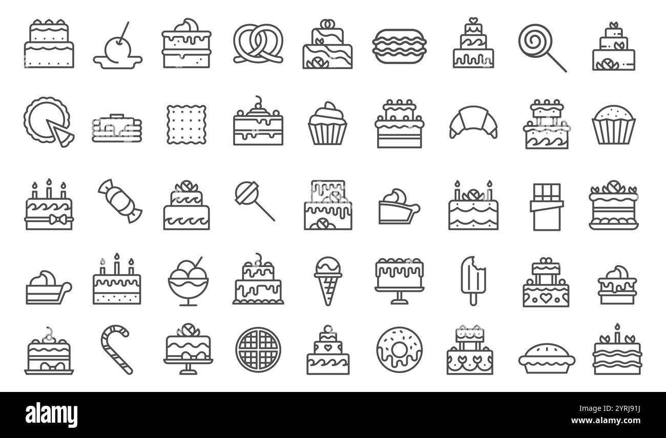 Desserts gâteaux ligne icônes, cupcakes et bonbons, crème glacée et pâtisseries. Parfait pour la marque de boulangerie, les menus et les fêtes. Collection vectorielle de pâtisseries Illustration de Vecteur