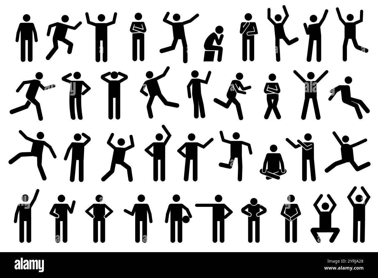 Icônes Stickman. Bâton figures silhouettes noires montrant diverses poses et gestes, courir, méditer et sauter. Idéal pour l'infographie, le design Illustration de Vecteur