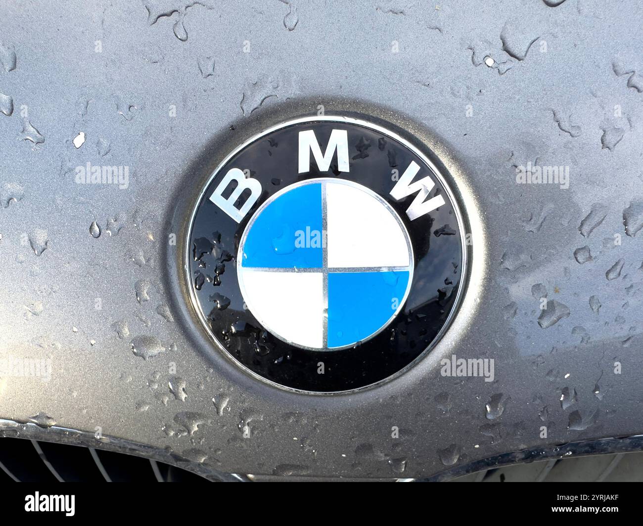 Gros plan d'un logo BMW sur le capot d'une Z3 avec des gouttelettes d'eau, mettant en valeur le design bleu et blanc emblématique reflétant la lumière - Image de stock capturée avec un smartphone