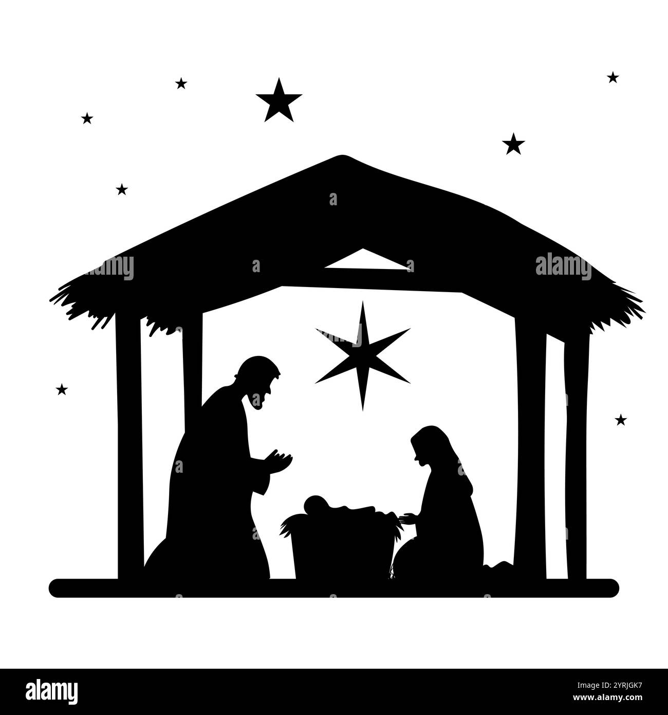 Nativité Noël Marie, Joseph, bébé Jésus nuit étoilée. Silhouette Jésus naissance Noël Bethléem nativité scène religieuse Illustration de Vecteur