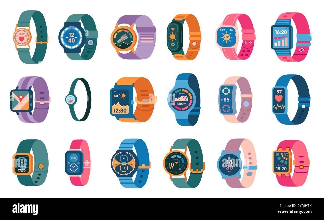 Montres intelligentes avec différents affichages numériques colorés. Smartwatches avec fonctions de suivi de la santé, de la forme physique et de l'activité. Idéal pour la technologie, le style de vie Illustration de Vecteur