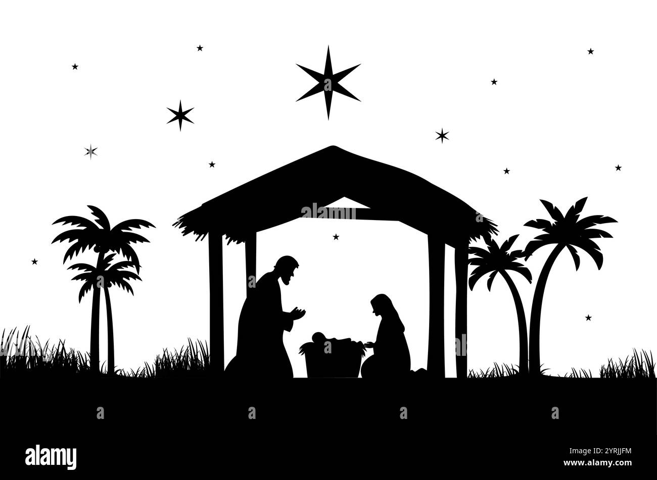 Scène de la Nativité avec Marie, Joseph et bébé Jésus sous une nuit étoilée. Silhouette de la nativité de Noël dans une écurie avec des palmiers. Illustration de Vecteur