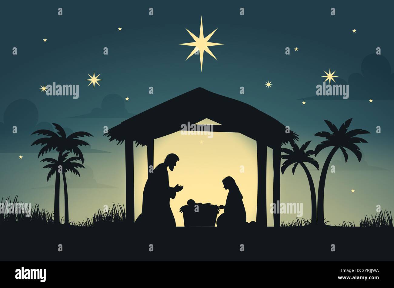 Nativité Noël Marie, Joseph, bébé Jésus nuit étoilée. Silhouette Jésus naissance Noël Bethléem nativité scène religieuse Illustration de Vecteur