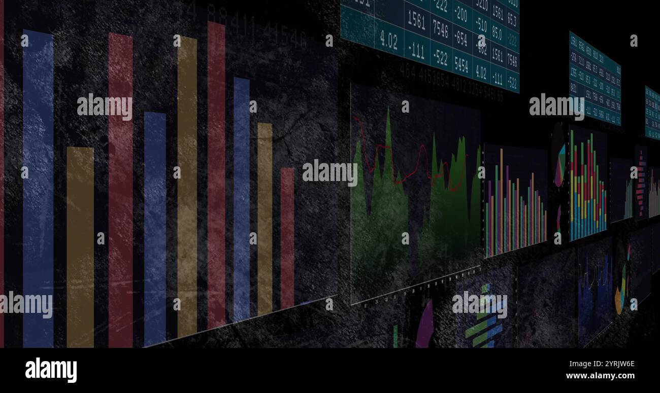 Graphiques à barres et linéaires avec image de données financières sur fond texturé foncé Banque D'Images