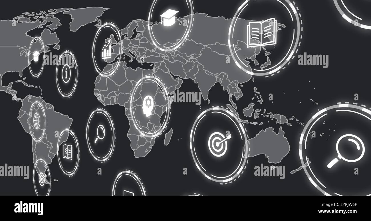 Carte du monde avec des icônes d'affaires, image globale de traitement de données Banque D'Images