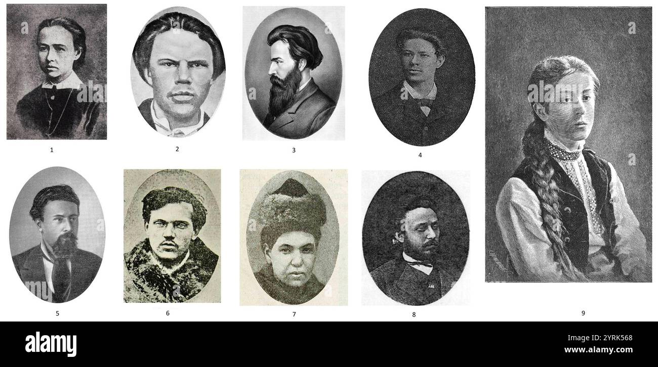 Assassins d'Alexandre Ier numérotés : 1. Sophia Perovskay ; 2. Nikolai Rysakov ; 3. Andrei Zhelyabov ; 4. Ivan Yemeyanov ; 5. Nikolai Kibalchich ; 6. Timofey Mikhailov ; 7. Hesya Helfman ; 8. Nikolai Sablin ; 9. Vera Figner. Le 13 mars 1881, Alexandre II, empereur de Russie, fut assassiné à Saint-Pétersbourg, en Russie. L'assassinat a été planifié par le comité exécutif de Narodnaïa Volia (« volonté du peuple »), principalement par Andreï Zhelyabov. Sur les quatre assassins coordonnés par Sophia Perovskaïa, deux d'entre eux ont effectivement commis l'acte. Un assassin, Nikolai Rysakov, a lancé une bombe W. Banque D'Images