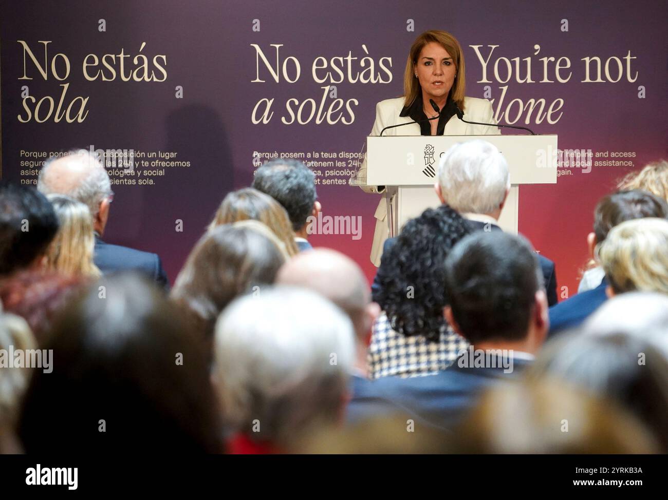 The spokesperson of the Government of Valencia and first vice-president, Susana Camarero, speaks during the institutional act on the occasion of the International Day for the Elimination of Violence against Women, on December 4, 2024, in Valencia, Valencian Community (Spain). Mazón attended an event for the International Day for the Elimination of Violence against Women, which was held on November 25. 04 DECEMBER 2024 Eduardo Manzana / Europa Press 12/04/2024 (Europa Press via AP) Banque D'Images