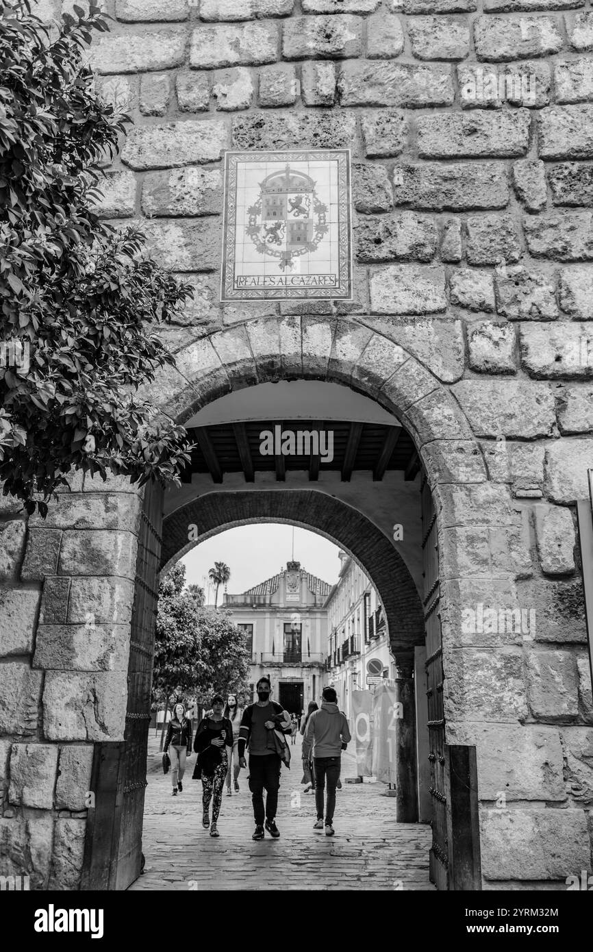 Séville, Espagne-24 FÉVRIER 2022 : les Alcazars royaux de Séville, historiquement connu sous le nom d'Al Qasr Al Muriq est un palais royal construit pour le roi chrétien Pete Banque D'Images