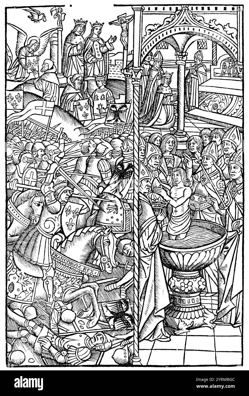 Clovis, Chlodovechus, Chlodwig I., Chlodowech, 466-511, roi des Francs de la dynastie mérovingienne, à la bataille de Tolbiac, et son baptême par Saint Remigius, cathédrale de Reims, 496 Banque D'Images
