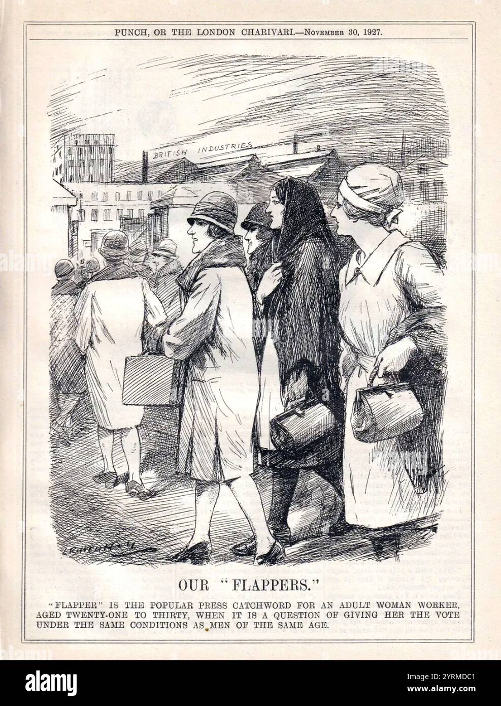 1927 Punch Cartoon ? Nos Flappers sont des travailleuses qui veulent le vote ? plaidant pour que les femmes obtiennent la franchise. 1927. Banque D'Images