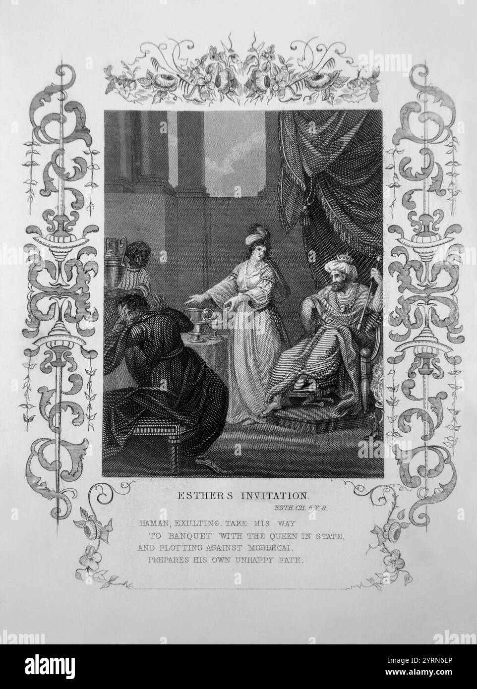 Gravure sur acier de l'invitation d'Esther - Esther accusant Haman lors de son deuxième banquet la reine Esther a plaidé au roi Assuérus pour sauver son peuple an Banque D'Images