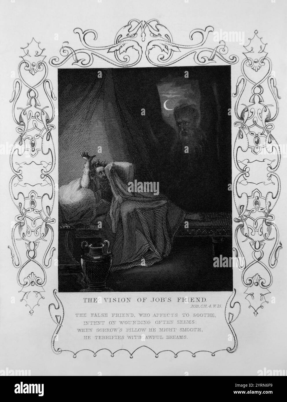 Gravure sur acier de la vision de l'ami de Job - Eliphaz Vision d'un esprit dans la nuit (Job) de l'histoire des Écritures illustrées de Tallis en 1851 pour t Banque D'Images