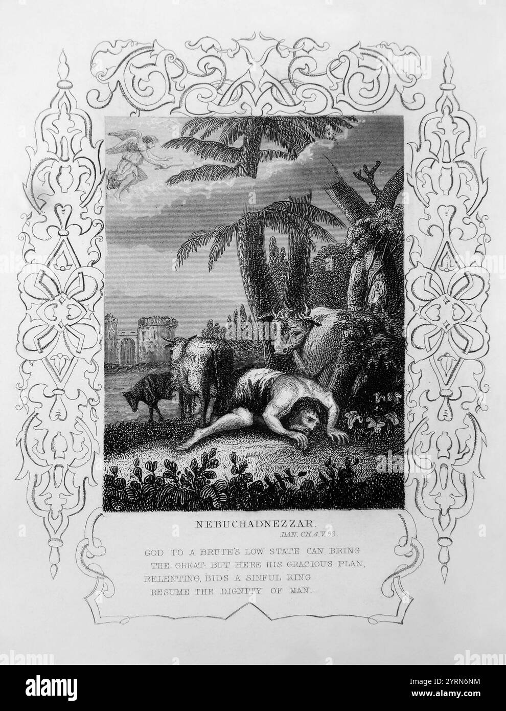 La gravure sur acier du roi Nebucadnetsar a été chassée de son peuple et a mangé de l'herbe comme un boeuf et n'avait pas de vêtements (Daniel) du Tallis Illustrat de 1851 Banque D'Images La gravure sur acier du roi Nebucadnetsar a été chassée de son peuple et a mangé de l'herbe comme un boeuf et n'avait pas de vêtements (Daniel) du Tallis Illustrat de 1851 Banque D'Images