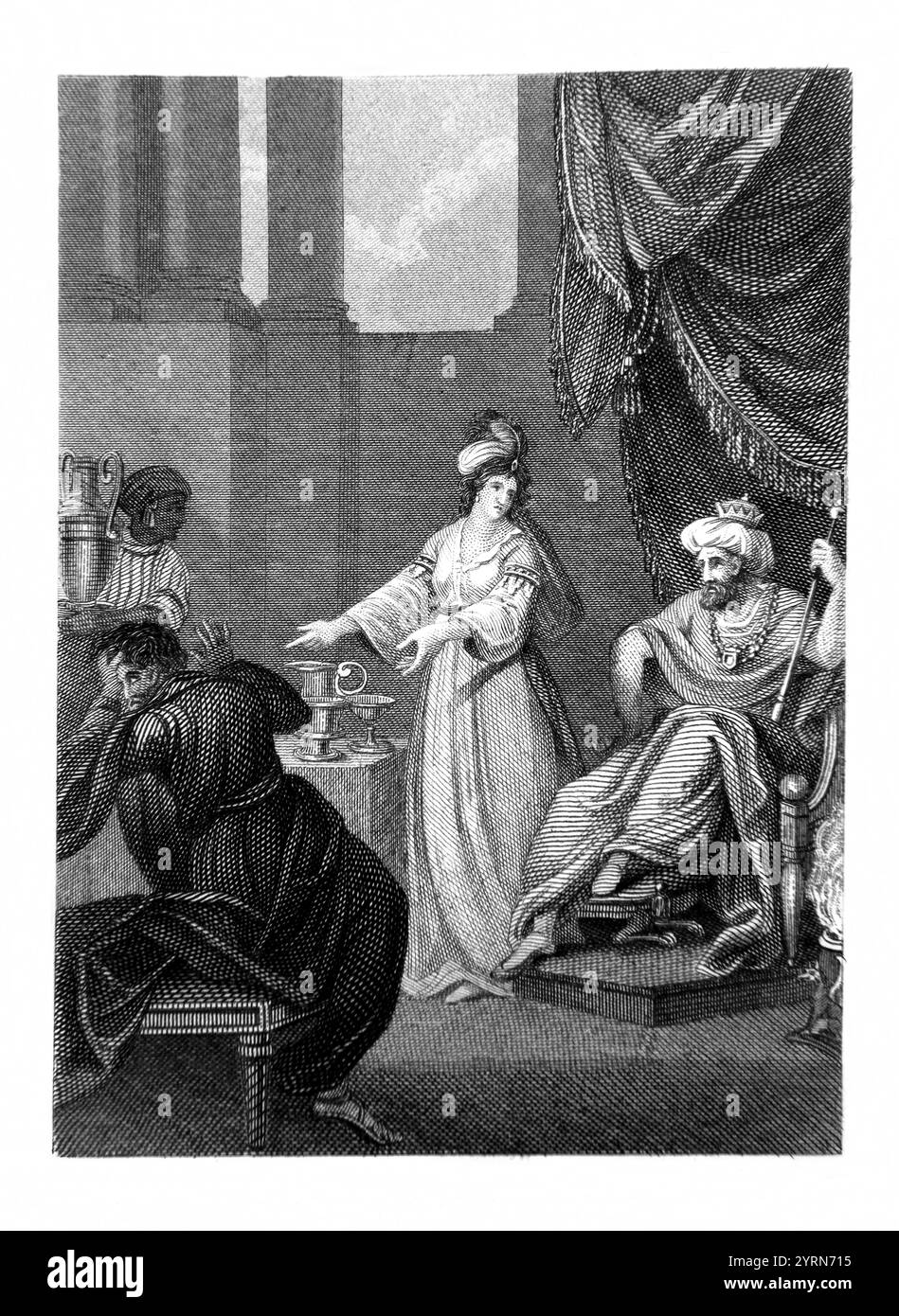 Gravure sur acier de l'invitation d'Esther - Esther accusant Haman lors de son deuxième banquet la reine Esther a plaidé au roi Assuérus pour sauver son peuple an Banque D'Images