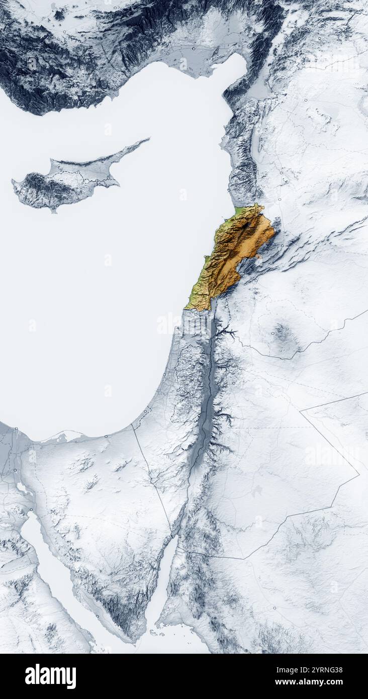 Carte physique du Liban, vue satellite du moyen-Orient, Syrie, Israël. Asie. Reliefs et océans. rendu 3d. Banque D'Images