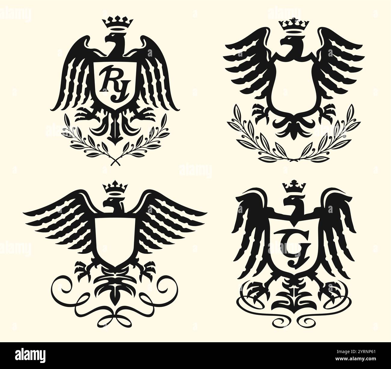 Aigle avec ailes déployées et bouclier, ensemble emblème. Symbole héraldique du pouvoir royal. Illustration vectorielle Illustration de Vecteur