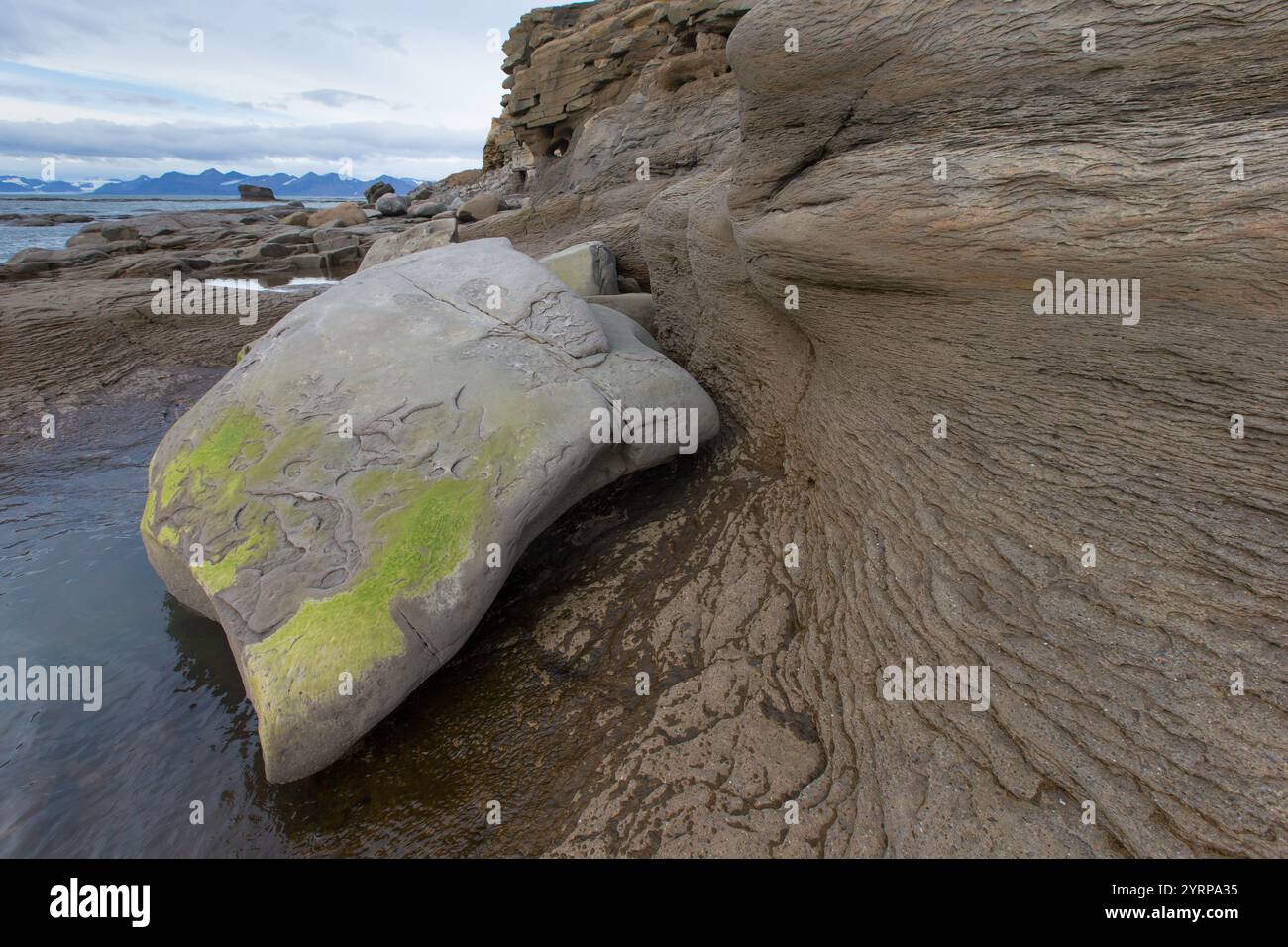 Falaises de grès près de Boltodden, Kvalvagen, Spitzberg, Norvège Banque D'Images