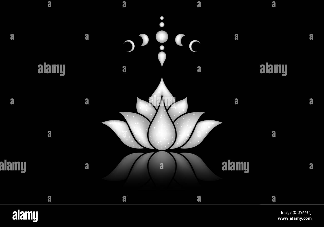 Fleur sacrée de Lotus et conception de logo Moon phases, symbole mystique. Clipart céleste magique de yoga, spa, méditation, salon de beauté, cosmétiques, détendez-vous, Illustration de Vecteur