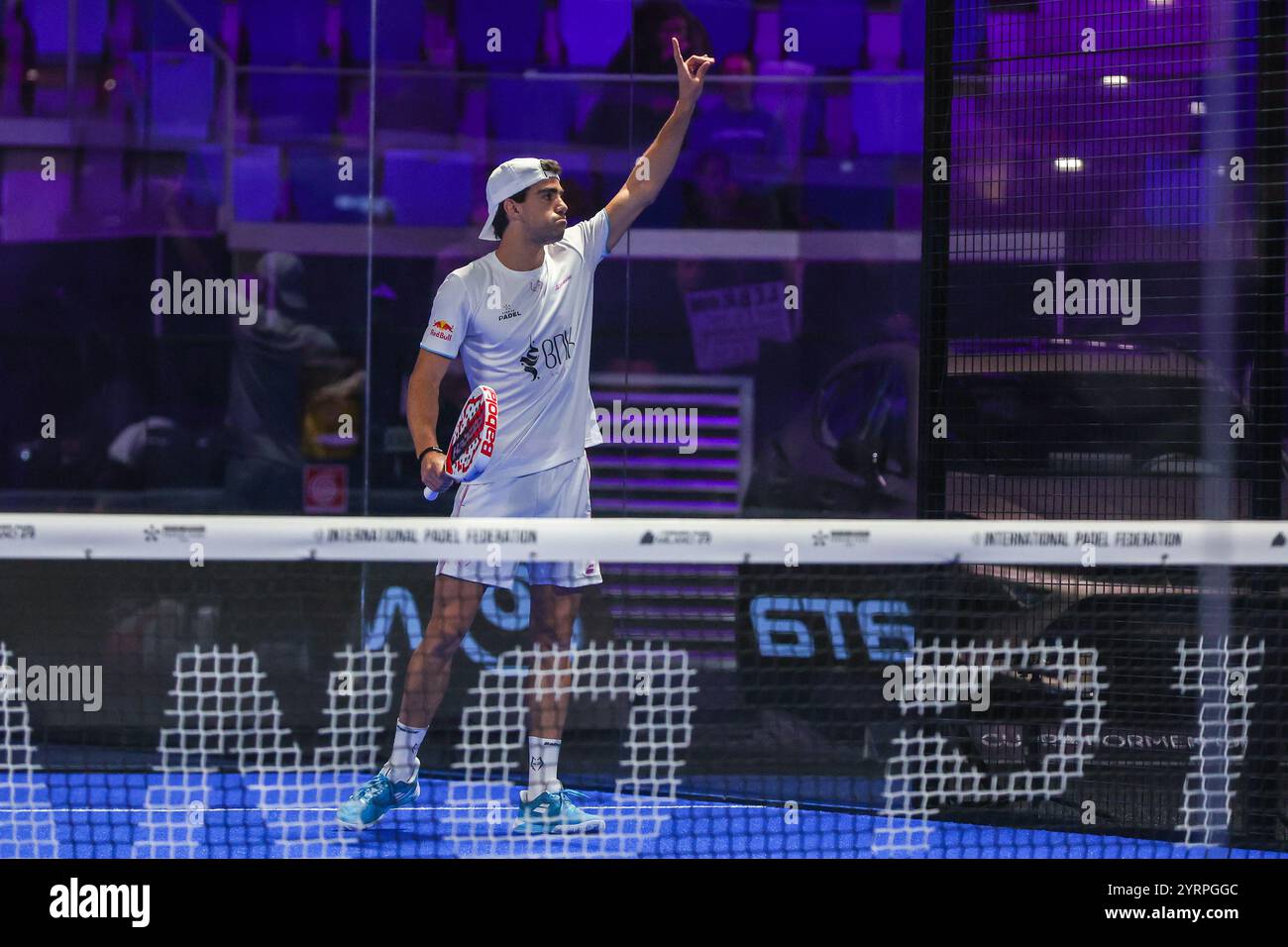 Milan, Italie. 04th Dec, 2024. Juan Lebron (ESP) célèbre le match Milan Premiere Padel P1 entre Martin Di Nenno (ARG)/Juan Lebron (ESP) et Daniel Santigosa Sastre (ESP)/Miguel Lamperti (ARG) (absent) à Allianz Cloud Arena. Score final : Martin Di Nenno (ARG)/Juan Lebron (ESP) 6 - 4 : 6 - 1 Daniel Santigosa Sastre (ESP)/Miguel Lamperti (ARG). (Photo de Fabrizio Carabelli/SOPA images/Sipa USA) crédit : Sipa USA/Alamy Live News Banque D'Images