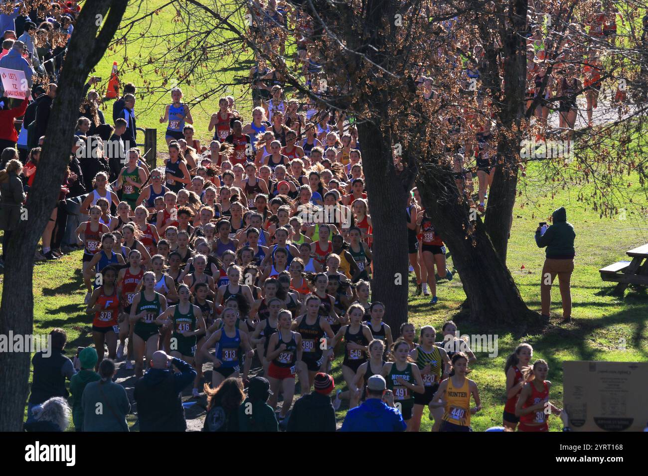 Wappingers Falls, New York, 18 novembre 2023 : de nombreuses athlètes féminines courent en tête dans une course de cross-country compétitive qui se déroule dans un paysage automnal dynamique. Banque D'Images