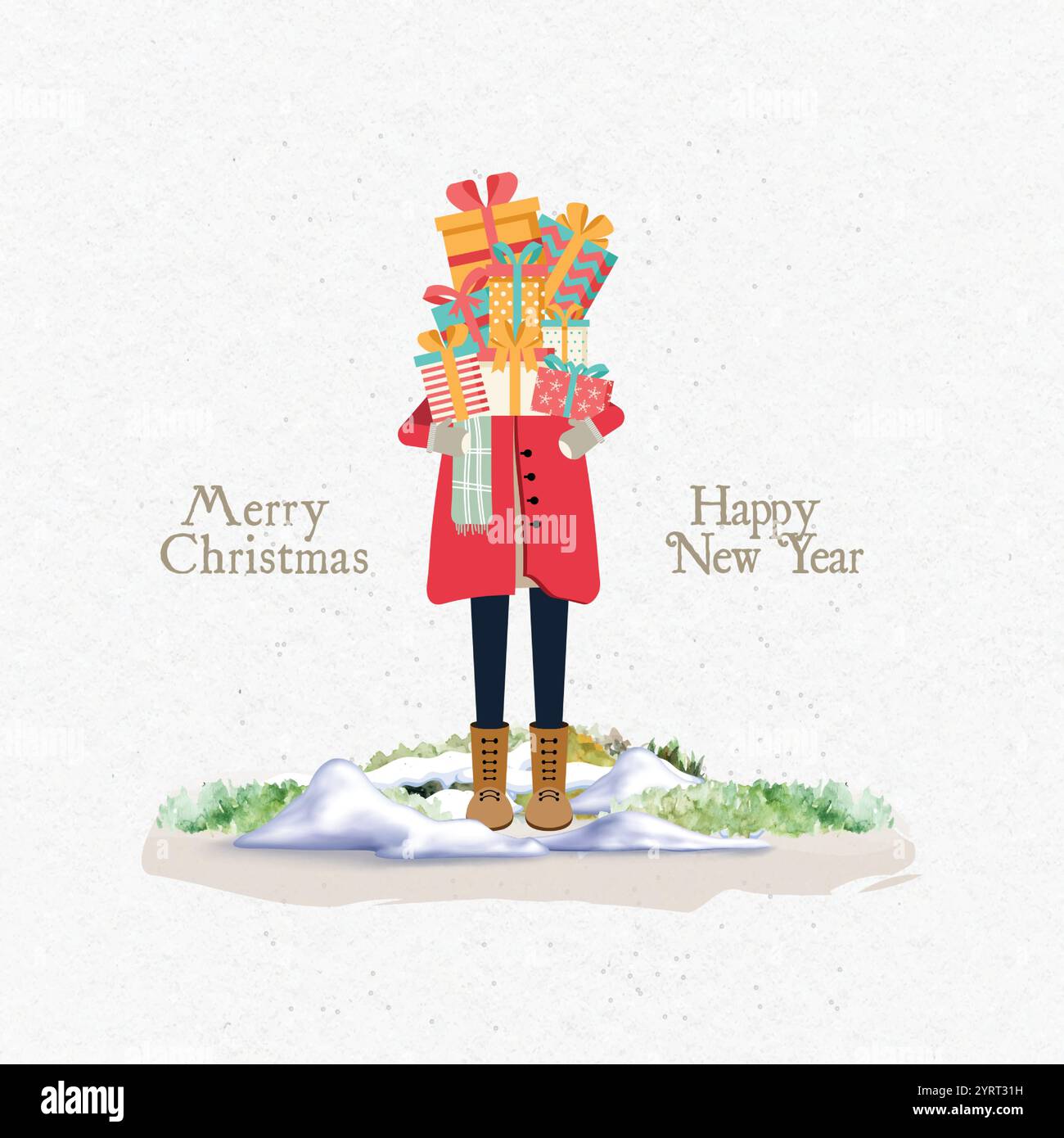 Personnage de Noël festif portant des cadeaux. Conception de carte de vœux des fêtes Illustration de Vecteur