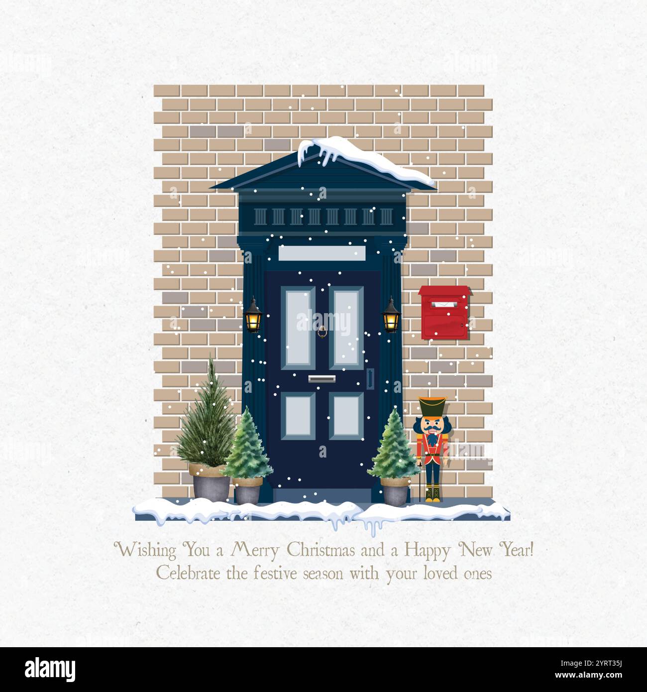 Carte du nouvel an avec illustration de la porte d'entrée décorée pour Noël Illustration de Vecteur