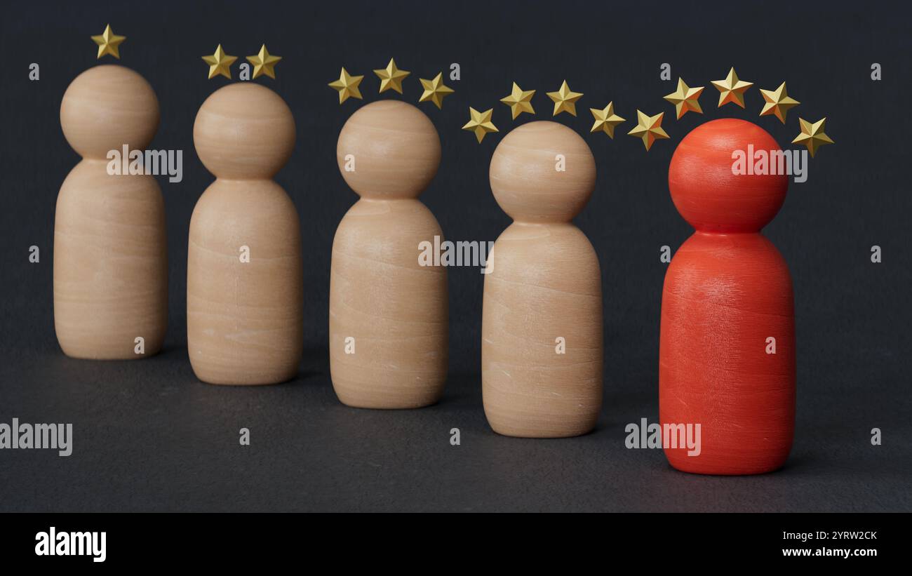 Figure en bois sourire avec cinq étoiles pour le client excellent évaluer après utilisation produit et service concept.leader travail d'équipe et succès.rendu 3D sur bl Banque D'Images