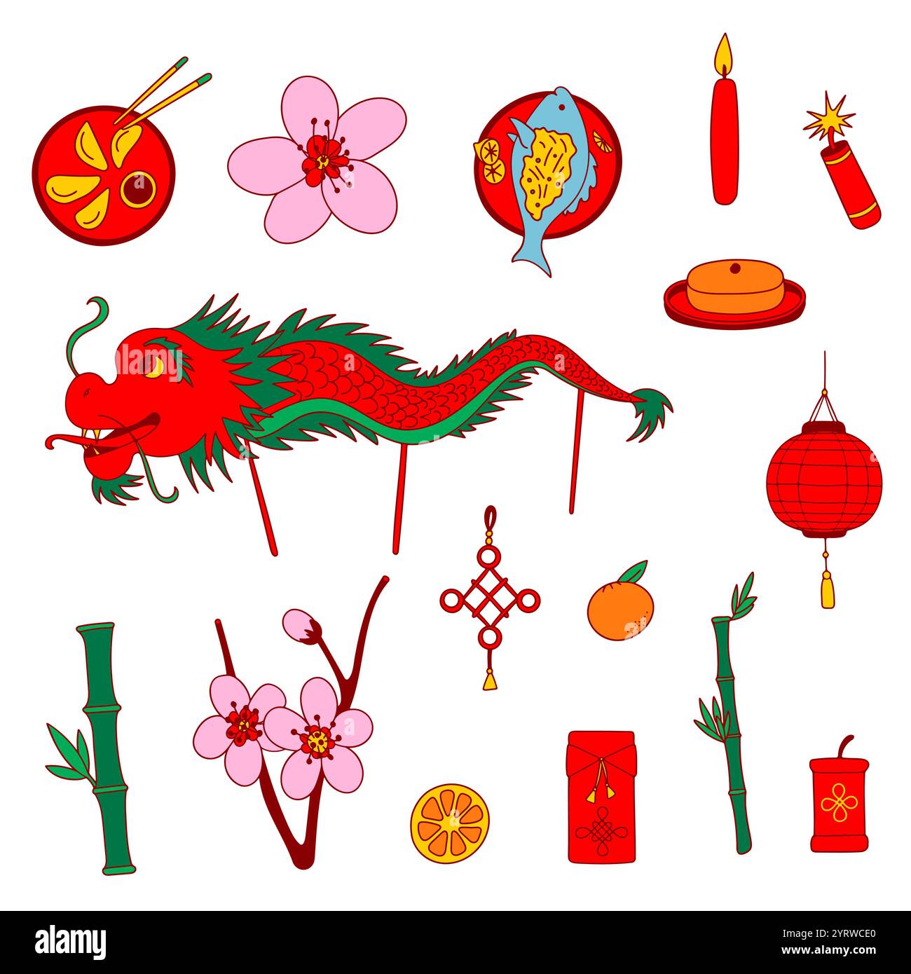 Collection d'icônes du nouvel an chinois. Symboles traditionnels, éléments de conception, couleurs vives plates. Illustration de Vecteur