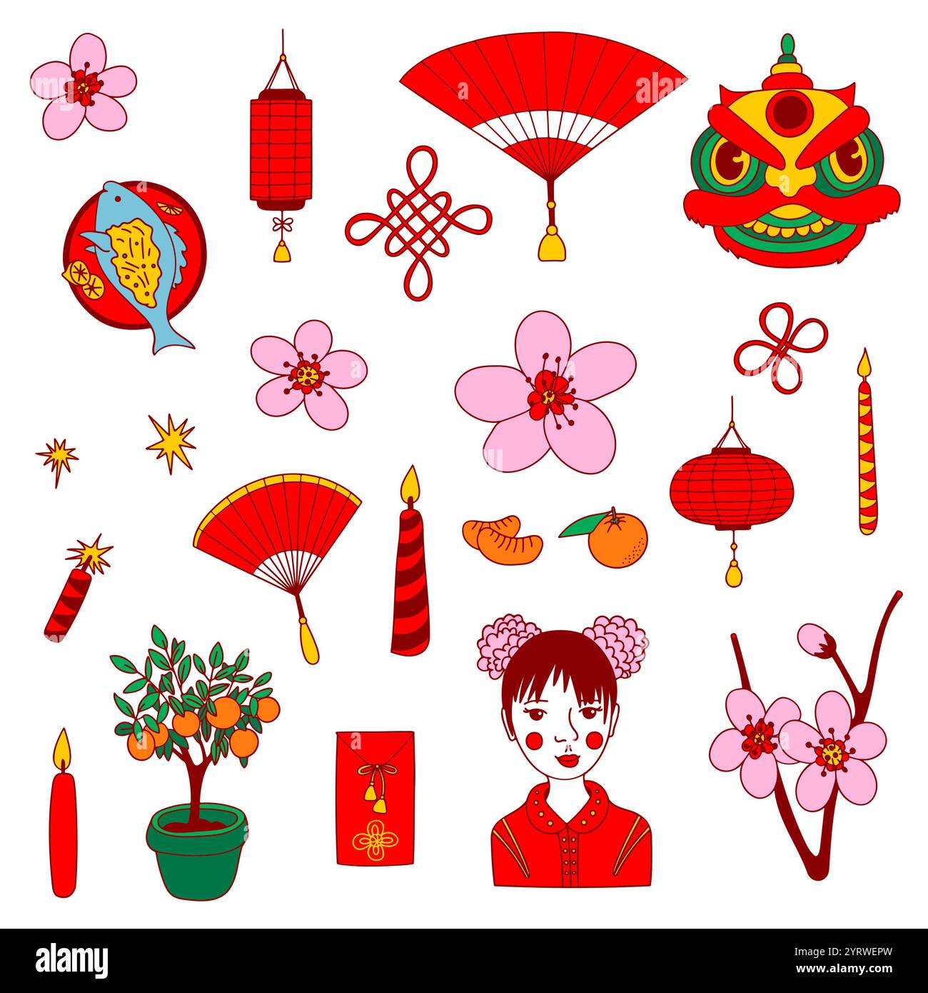 Jeu de symboles du nouvel an chinois traditionnel. Clipart, icônes plates colorées. Illustration de Vecteur