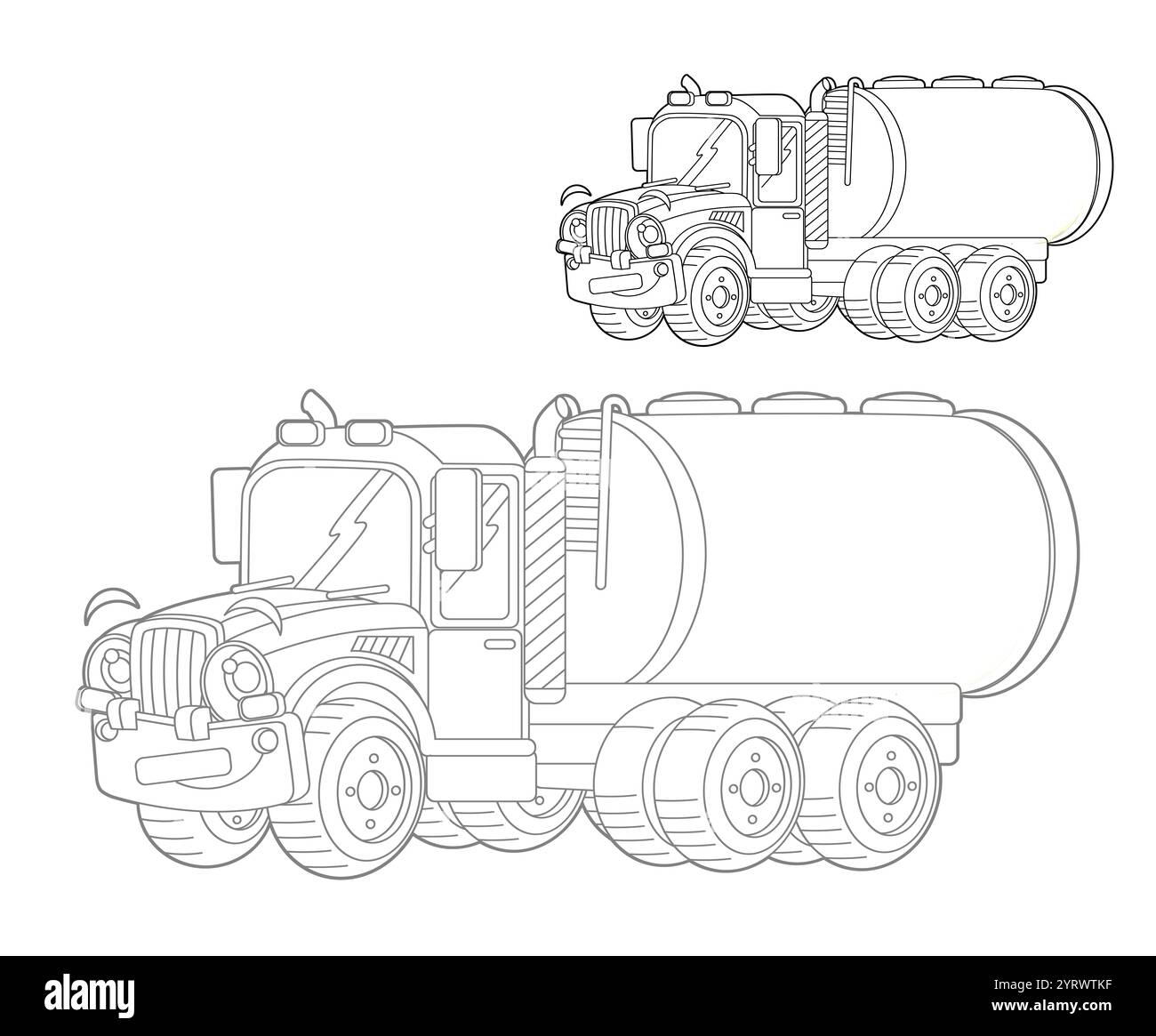 scène de dessin animé avec citerne de camion de cargaison sur fond blanc de page de coloration croquis de croquis isolé illustration pour les enfants Banque D'Images