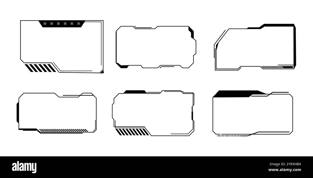 Cadres HUD futuristes, bordures zone de texte menu jeu panneau de l'interface utilisateur. Line Tech Line Bar. Screen Elements Sci Fi pour Gaming UX UI. Illustration vectorielle Illustration de Vecteur