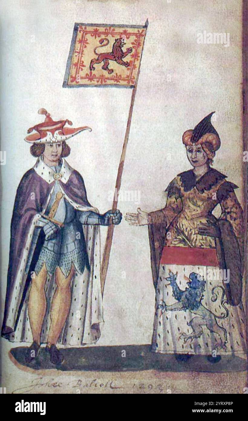 Illustration manuscrite médiévale du milieu du XVIe siècle montrant Jean Balliol, roi d'Écosse (R. 1292 1296 EC) et son épouse Isabella de Warenne Banque D'Images