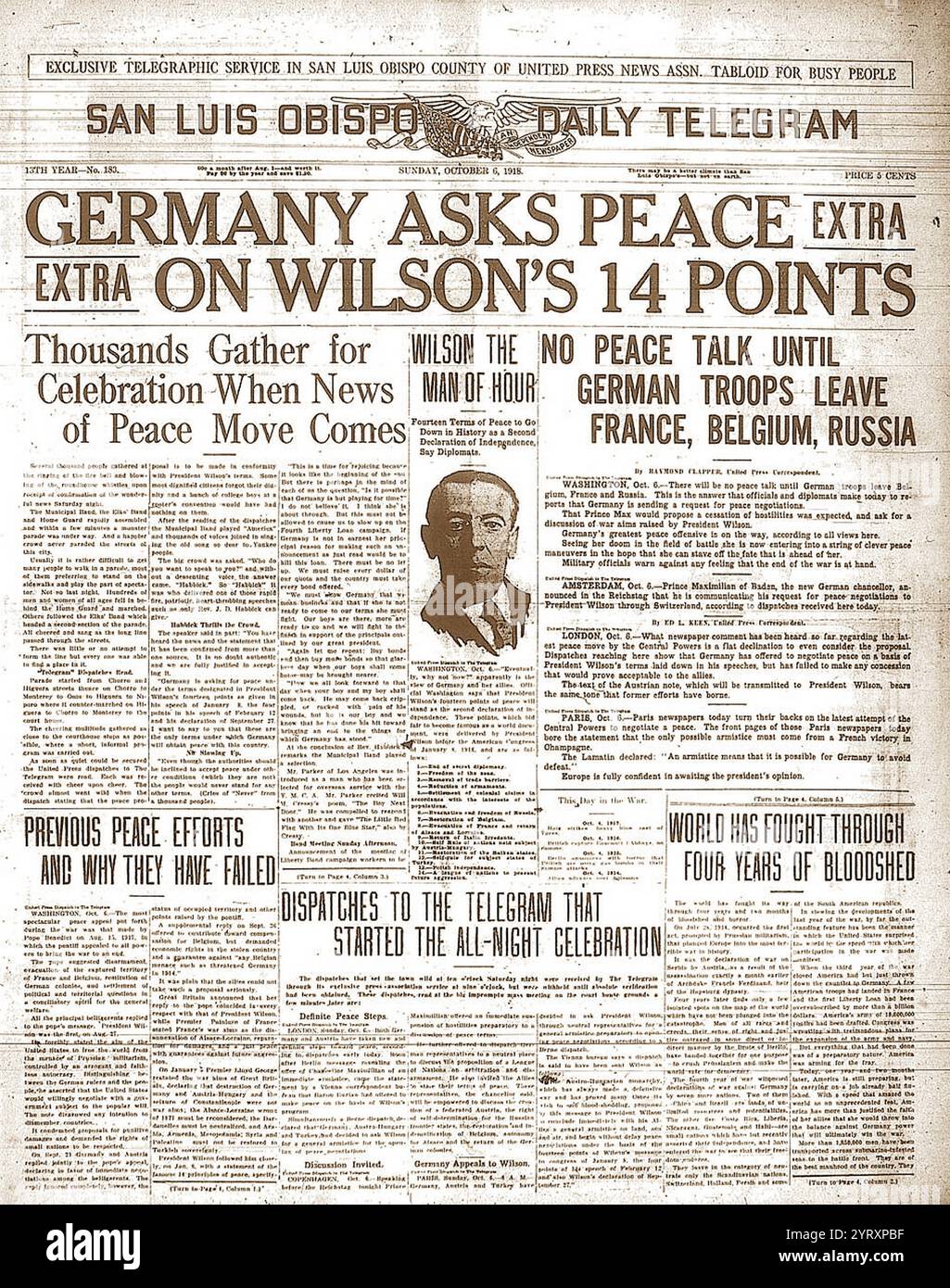 San Luis Obispo Daily Telegram. Page de couverture du journal avec le titre: "L'Allemagne demande la paix sur les 14 points de Wilson", 6 octobre 1918. Banque D'Images